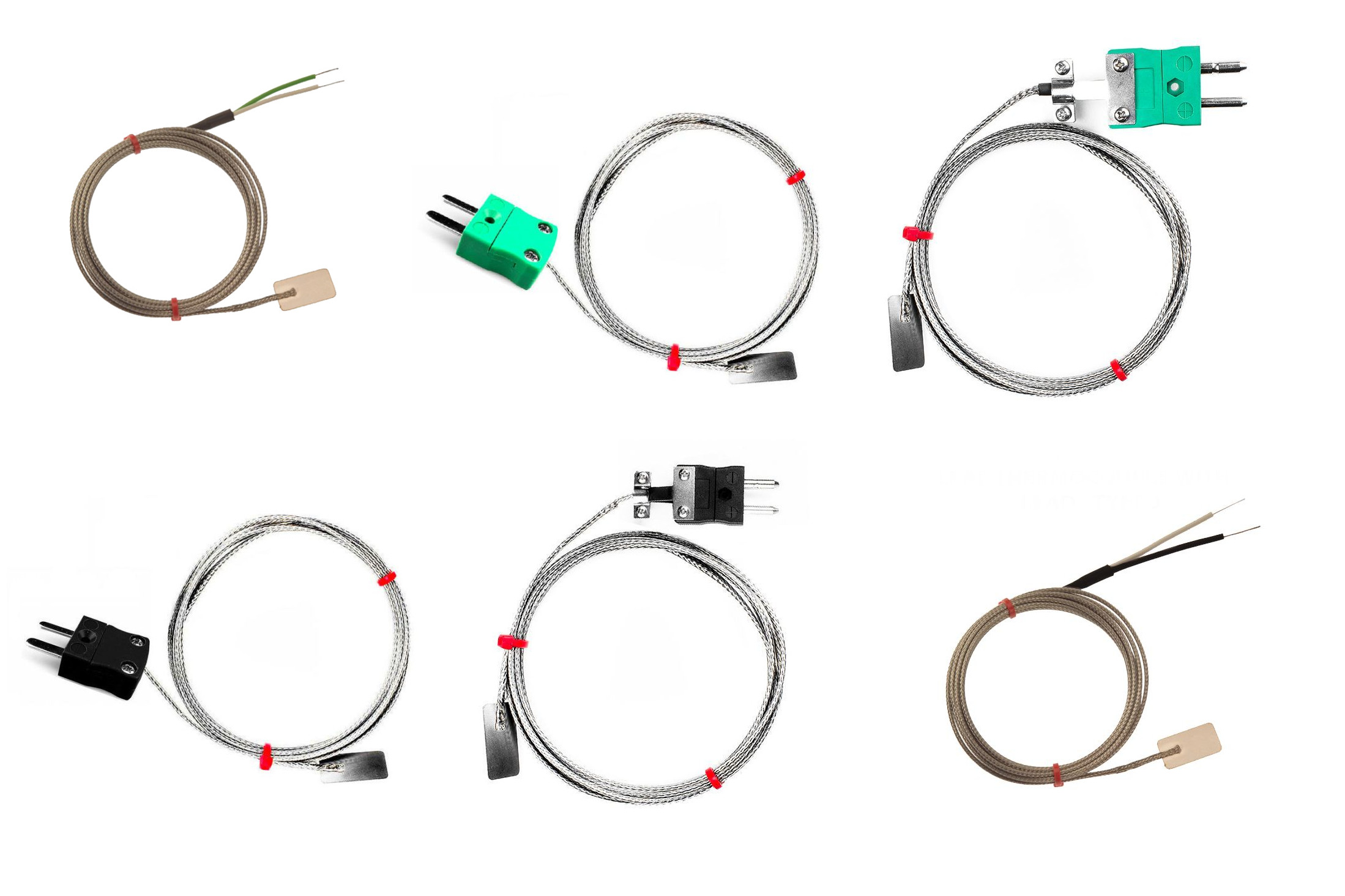 Thermocouple  lames CEI, cble isol en fibre de verre avec sur-tresse en acier inoxydable se terminant par des queues nues, prise miniature ou standard