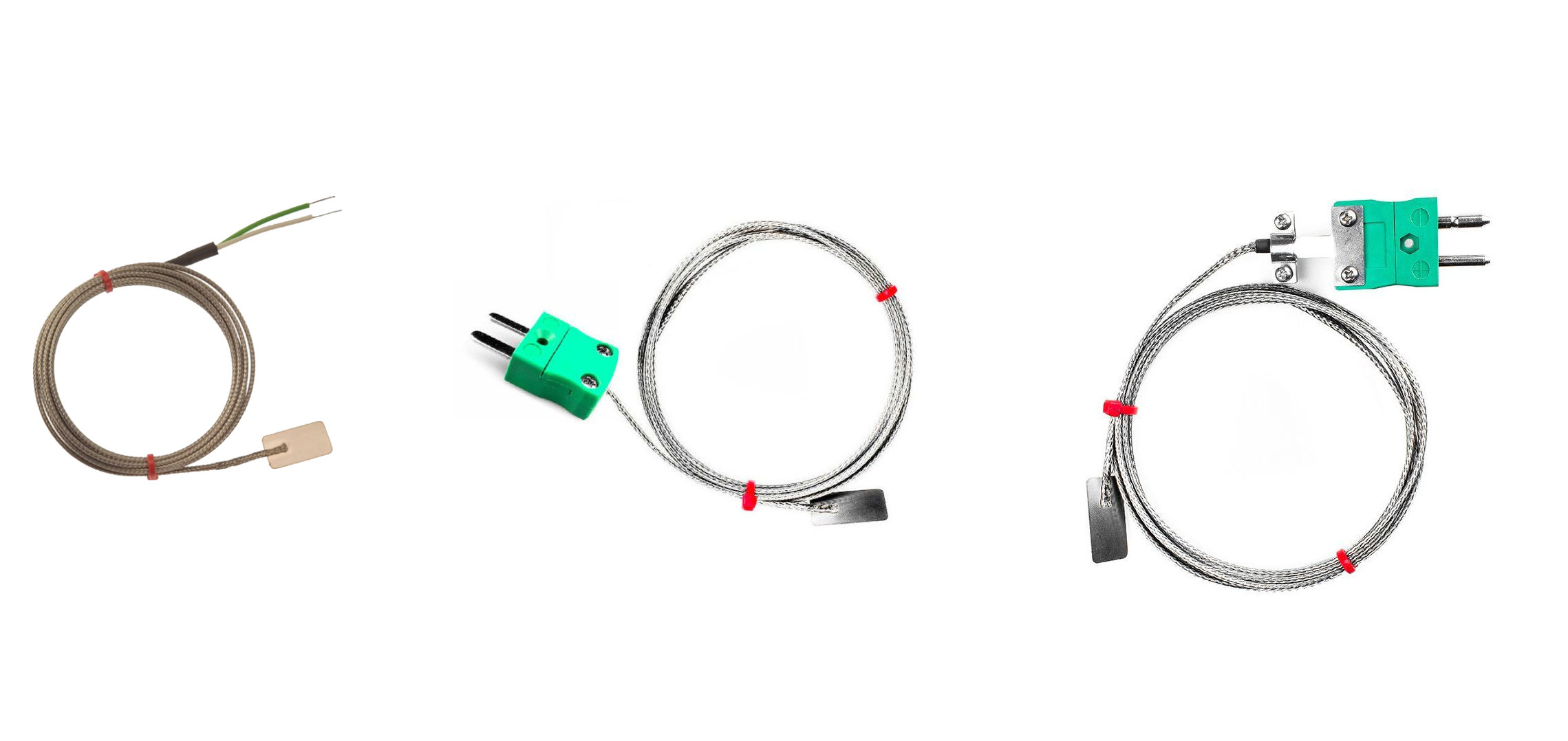 Thermocouple  lames CEI, cble isol en fibre de verre avec sur-tresse en acier inoxydable se terminant par des queues nues, prise miniature ou standard - Type K