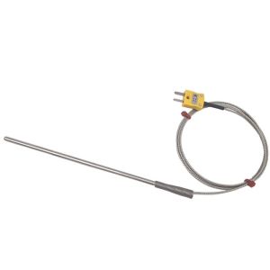 Sonde thermocouple  usage gnral ANSI Type K, cble isol en fibre de verre avec tresse en acier inoxydable se terminant par queues nues, fiche miniature ou standard