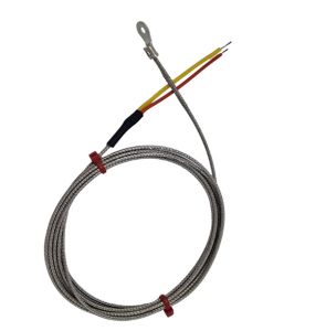 Thermocouple de rondelle ANSI, cble isol en fibre de verre avec sur-tresse en acier inoxydable se terminant par des queues nues - Taille du trou de la rondelle de 3,5 mm